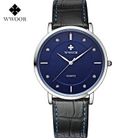 WWOOR 8811 Blue Jam Tangan Tipis Pria Tali Kulit Tahan Air Original