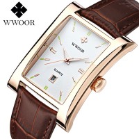 WWOOR 8817 Jam Tangan Pria Formal Petak Elegan Tali Kulit - Gold White