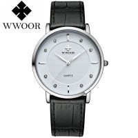 WWOOR 8811 White Jam Tangan Tipis Pria Tali Kulit Tahan Air Original