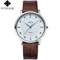 WWOOR 8811 Brown Jam Tangan Tipis Pria Tali Kulit Tahan Air Original