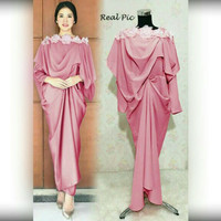 Kaftan Prinsa Crepe Gamis Sabrina Bordir Bunga Dress Muslim Pink