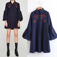 NL280- BAJU TERUSAN WANITA DRESS IMPORT BIRU LENGAN BALON