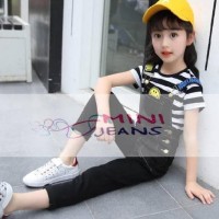 Mini Jeans Set Overall Smile Stripe Black| Baju Setelan Anak Perempuan