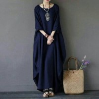 DRESS WANITA BAJU GU- Long Rihana Navy Maxi Dress Polos Casual Santai