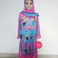 Baju muslim gamis susun frozen biru ungu anak umur 5-9 tahun