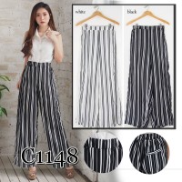 Celana Panjang Wanita Casual Bahan Woly Crepe Hitam Putih Motif Garis
