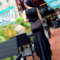 EXCLUSIVE dress korea pesta setelan blouse chiffon rok ekor import TER
