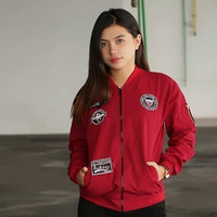 Merah hitam jaket luaran outer jacket wanita baju hangat patch gaul