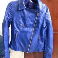 Jual Jaket Kulit asli Biru Ukuran S Zen Korea Mulus Bekas Adem Motor Murah