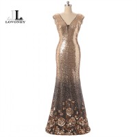 LOVONEY Sexy Backless Mermaid Evening Dress Panjang Sequin V Neck Form