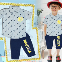 Baju Setelan Anak Laki London Kids LK Kemeja Nautica Biru Celana Navy
