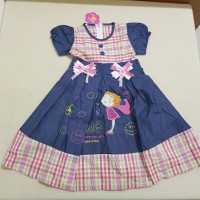 Gamis Anak Hello Too Denim Kombinasi Kotak-Kotak Merah Muda Size 7