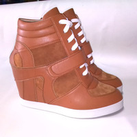Jual Sepatu wanita sneaker hidden wedges boots heels hak tinggi kets coklat Murah