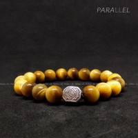 Gelang Batu Natural Gold Tiger Eye Grade A 10 mm + spacer Perak Bakar
