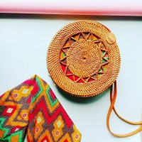 TAS ROTAN BALI LOMBOK RATTAN BAG SELEMPANG HANDMADE DIAMETER 20 CM