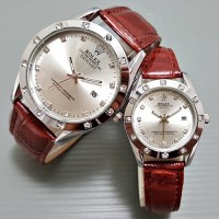 jam tangan indonesia Jam Tangan Rolex Couple Leather Light Brown Silv