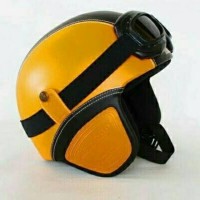 Helm retro kulit classic orange hitam kacamata