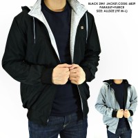 JAKET BOLAK BALIK 2IN1 MOTOR PARASUT FLEECE HITAM POLOS COWOK PRIA