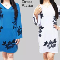 Biru putih dress midi baju wanita terusan casual kaos panjang xl jumbo