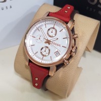 Jam Tangan Wanita Fossil Boyfriend Leather Brown Red Rosegold