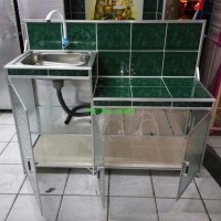 Wastafel PK Meja Kompor Keramik Hijau - Aluminium Rak Piring