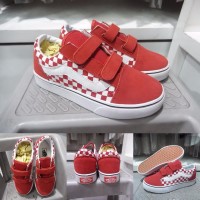 Sepatu Kets Anak Vans Old Skool Velcro Checkerboard Catur Red Chili