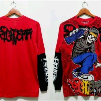 KAOS DISTRO LENGAN PANJANG SAMBUNGAN MERAH MOTIF SPRAY ROCK