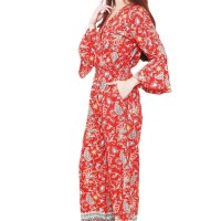 Batik Flike Store Jumpsuit Wanita Long Bell Sleeve Red Peacock