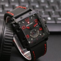 JAM TANGAN SWISS ARMY PRIA KOTAK CHRONO DATE BLACK RED LEATHER