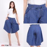 Celana Pendek 3/4 Kulot Pinggang Karet Jeans Wanita Denim Modis Trendy