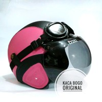 Helm Bogo Bonus Kacamata Retro Pink Hitam Kulit Sintetis MTX Terlaris