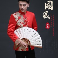 BAJU CHEONGSAM KOKO PRIA WARNA MERAH GAMBAR EMAS NAGA TRADISIONAL 025