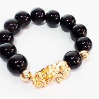 VeE Gelang Pria Wanita Batu Giok Hitam 13mm Bandul Naga Pixiu