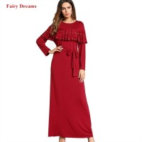 Merah Baju Muslim dengan Mutiara Kaftan Dubai Abaya untuk Wanita Turki