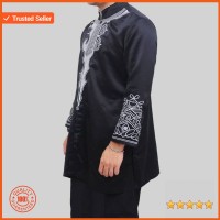 Promo Baju Koko Black Panther Pria Motif Full Bordir - Hitam M Elegan