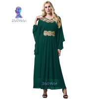 Wanita Sifon Emas Bunga Batwing Lengan Panjang Wanita Maxi Gaun Arab T