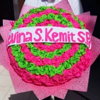 Buket Bunga Flanel 50 cm warna pink bella hijau daun selempang nama