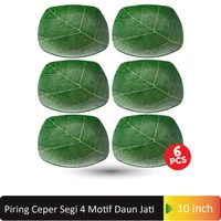Piring Makan Ceper Segi 4 Motif Daun Jati 10 Inch F2410 ( Isi 6 Pcs )