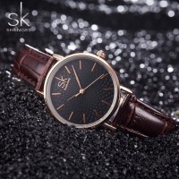 Jam Tangan Wanita Original Shengke Tali Kulit K0006 - Hitam Coklat