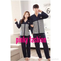 baju tidur piyama kaos panjang couple pria wanita kancing panda stripe
