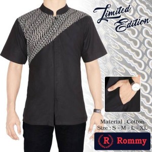 Kemeja / Baju Koko Muslim Pria Rommy - Hitam Kombinasi Batik Parang