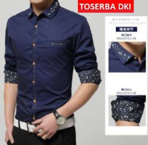 pakaian pria baju kemeja lengan panjang slim fit warna navy KM56