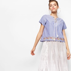 Cottonink Blue Striped Blythe Atasan Beraksen Tali dengan Bordiran - Biru, M