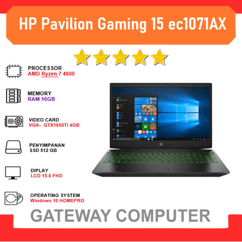 Foto Produk HP Pavilion Gaming 15 ec1071AX Ryzen 7 4800 16GB 512ssd GTX1650Ti 4GB dari Gateway Indonesia Comp