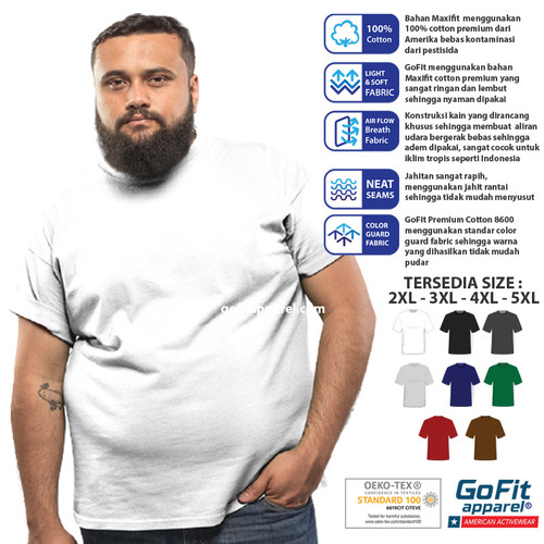 Foto Produk GoFit Premium Cotton 8600 Kaos Polos Big Size Putih 2XL 3XL 4XL 5XL - 2XL, TANPA LOGO dari Printberries