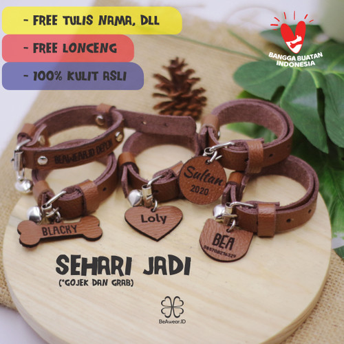 Foto Produk Kalung Kucing Kulit Asli Custom Nama Model B - Cokelat dari Beawear.id