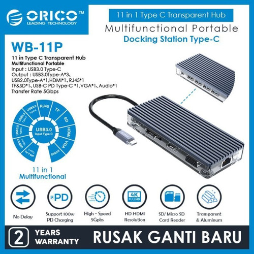 Foto Produk ORICO WB-11P 11in1 Type C Hub USB 3.0 2.0 HDMI VGA Audio RJ45 TF SD dari manekistore