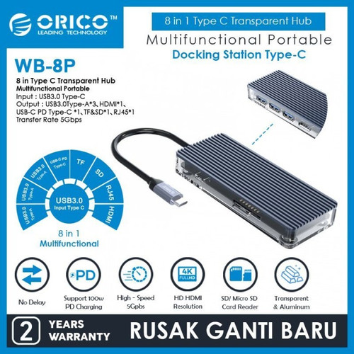 Foto Produk ORICO WB-8P 8 in1 Type C Hub USB 3.0 HDMI TF SD RJ45 dari manekistore