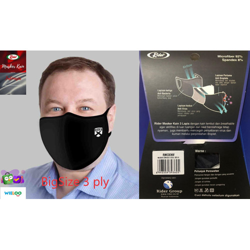 Foto Produk Masker Kain Rider BIG SIZE Anti Bakteri 2 ply (Earloop) - HItam 3 ply dari wieloo