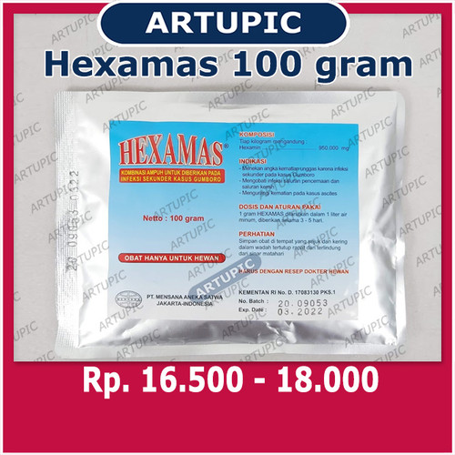 Foto Produk Hexamas 100 gram Obat Gumboro Infeksi Pencernaan Saluran Kemih Ayam dari ArtupicPeralatanPeternak